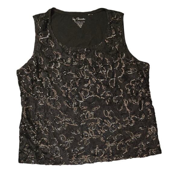 Chico's Black Sequin Front Lace Back Underlined Tank Top Sz 3/XL/16 EUC - Picture 1 of 5